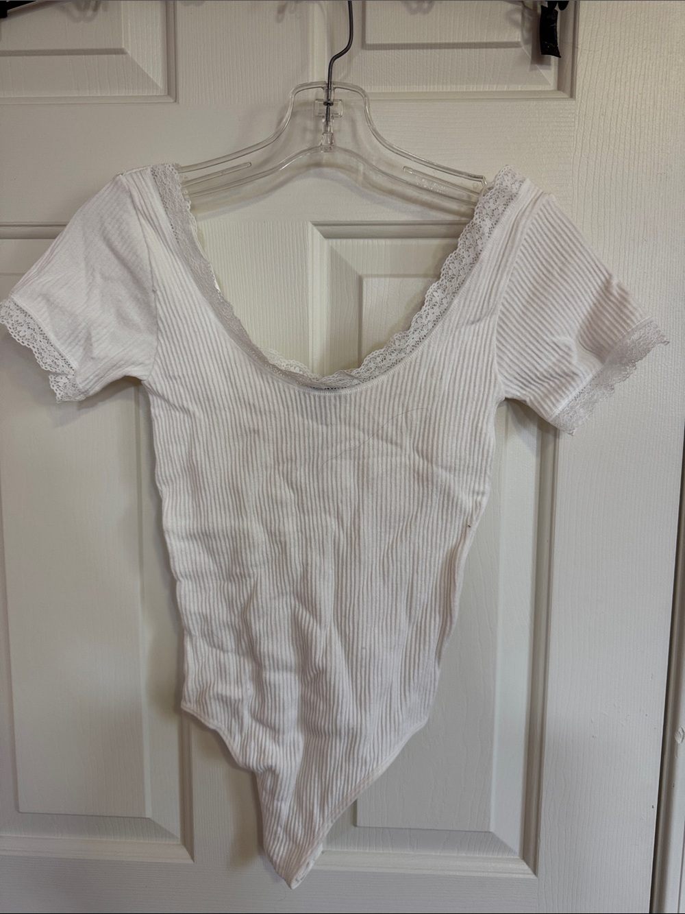 Trixxi White Ribbed Lace-Trim Scoop Neck Bodysuit